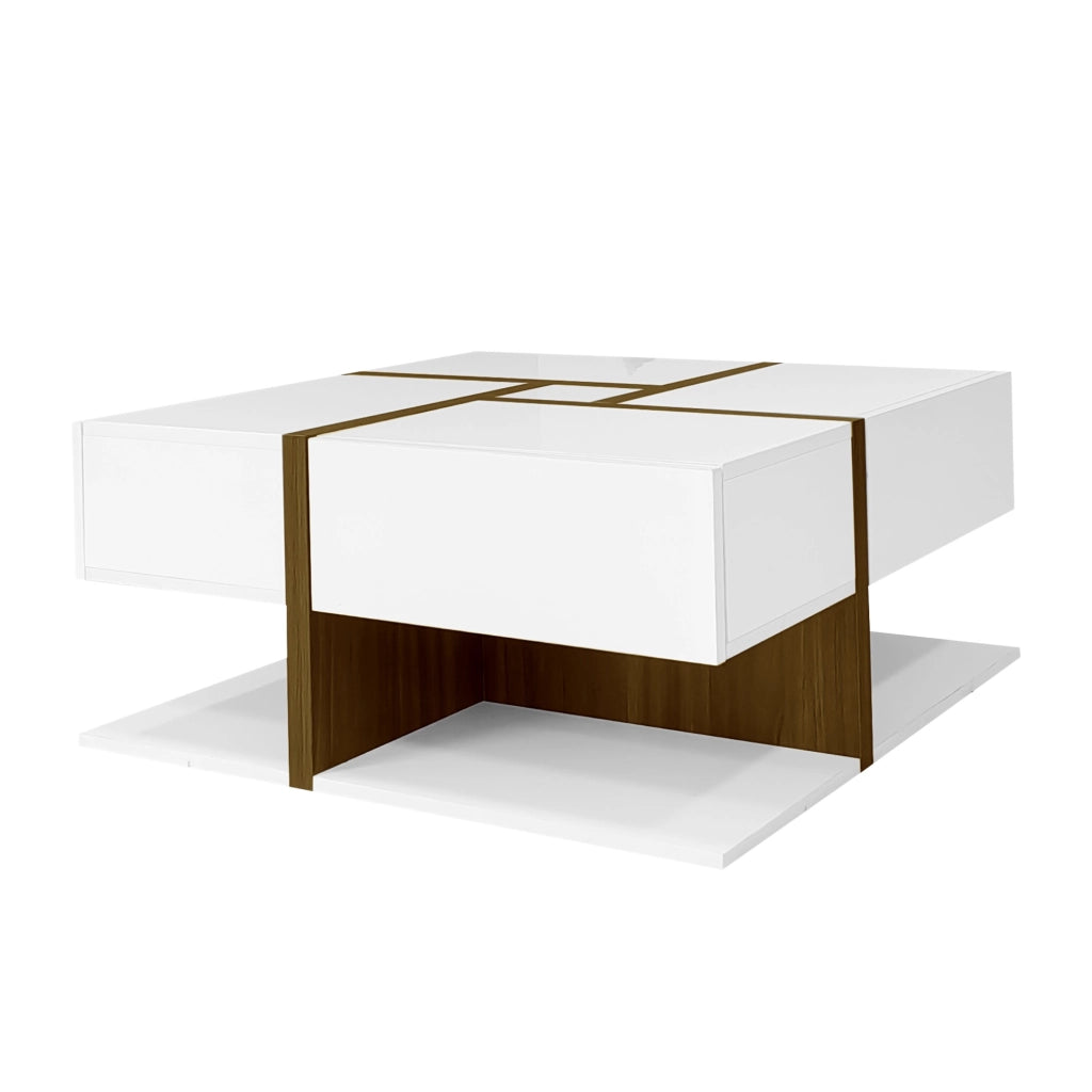 Tavolino da caffè 78x78x34.8 cm; 4 cassetti con finitura lucida e ripiano inferiore; truciolato bianco