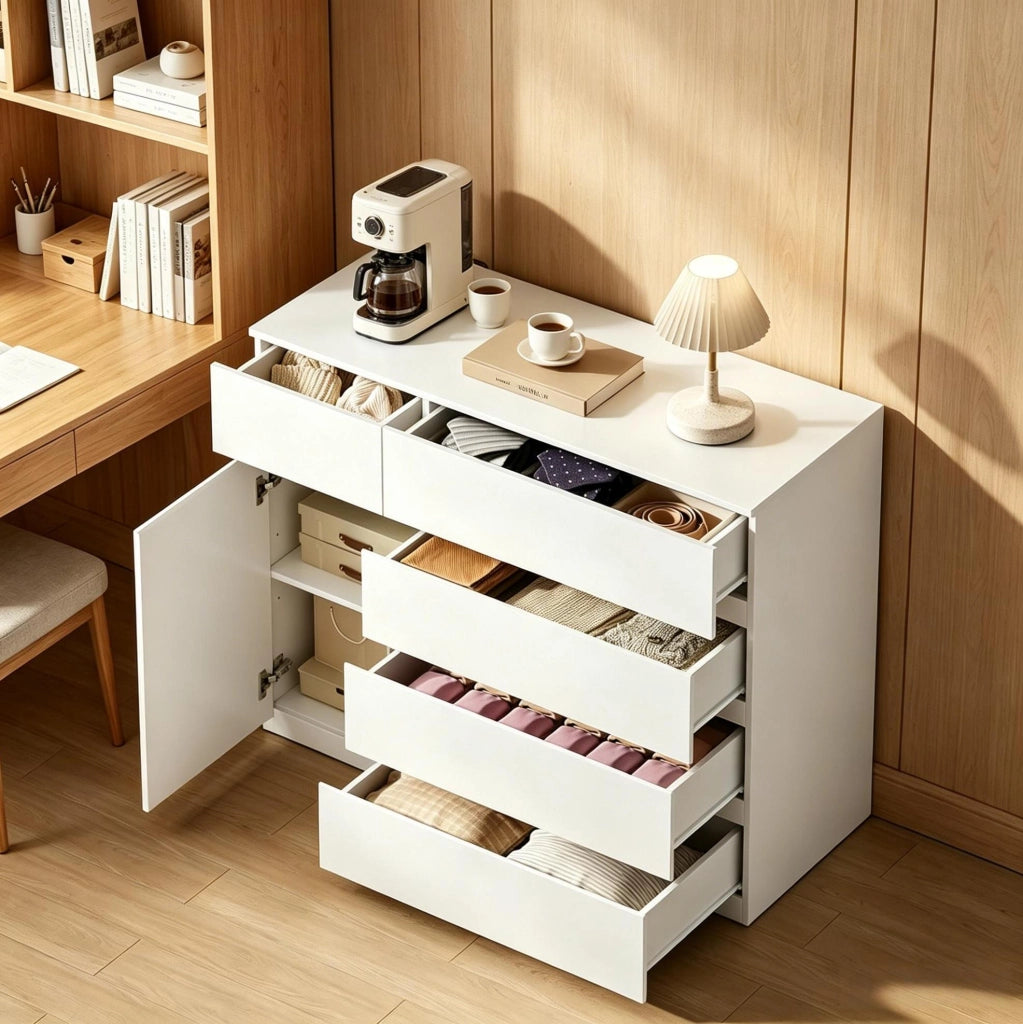 Mobile contenitore bianco con 5 cassetti e armadietto; 100 x 40 x 80 cm