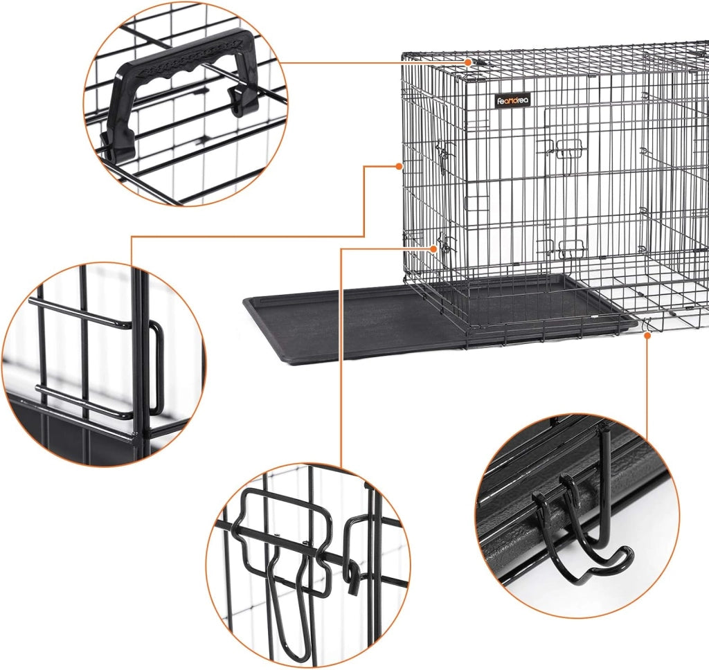 Feandrea Gabbia per Cani Pieghevole, con 2 Porte, Divisorio, Vassoio Rimovibile, 122 x 74,5 x 80,5 cm, XXL, Nero PPD48BK