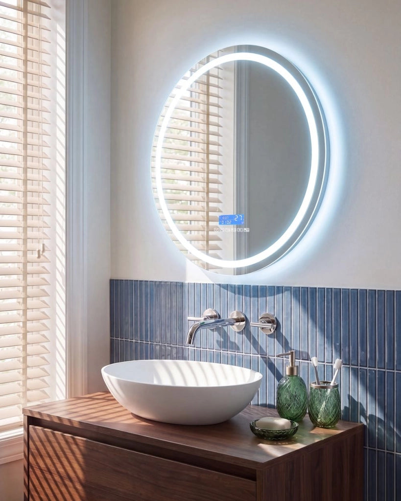 Specchio da bagno a LED argento rotondo con altoparlante Bluetooth 60 x 60 cm stile elegante