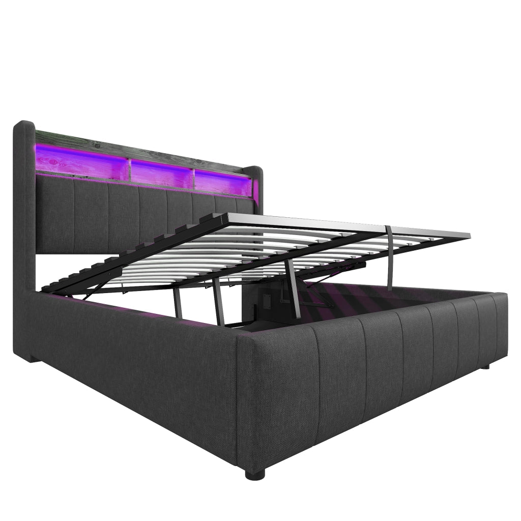 Letti contenitori 160x200 cm con LED regolabili; contenitore idraulico; tessuto di lino grigio