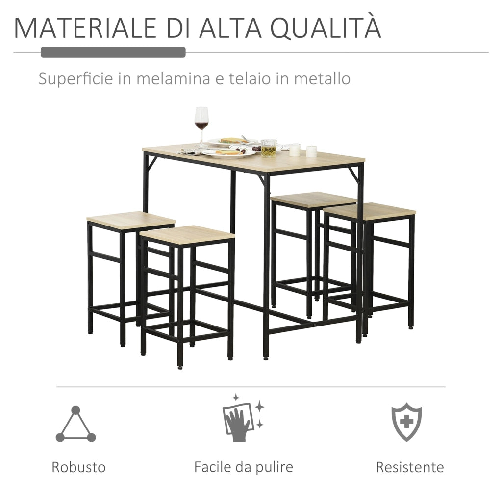 Set Bar Tavolino Alto e 4 Sgabelli in Metallo e Legno Rovere Chiaro