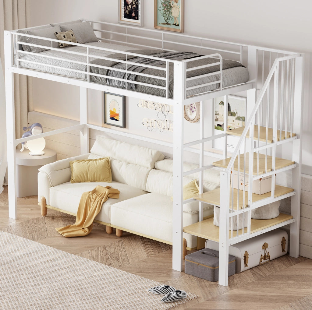 Letto a soppalco 90x200 cm in metallo bianco con scala