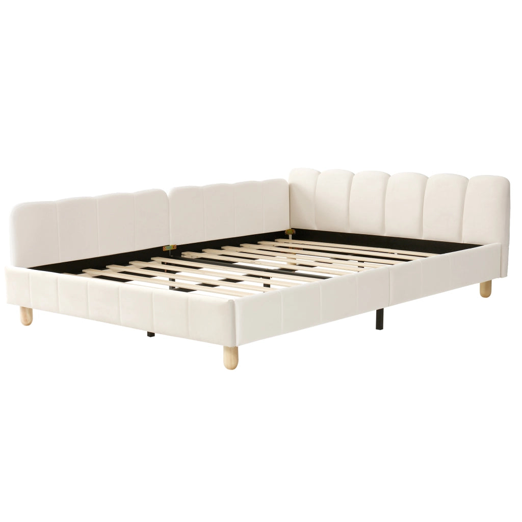 Letto imbottito per bambini in velluto beige con rete a doghe e tasche laterali
