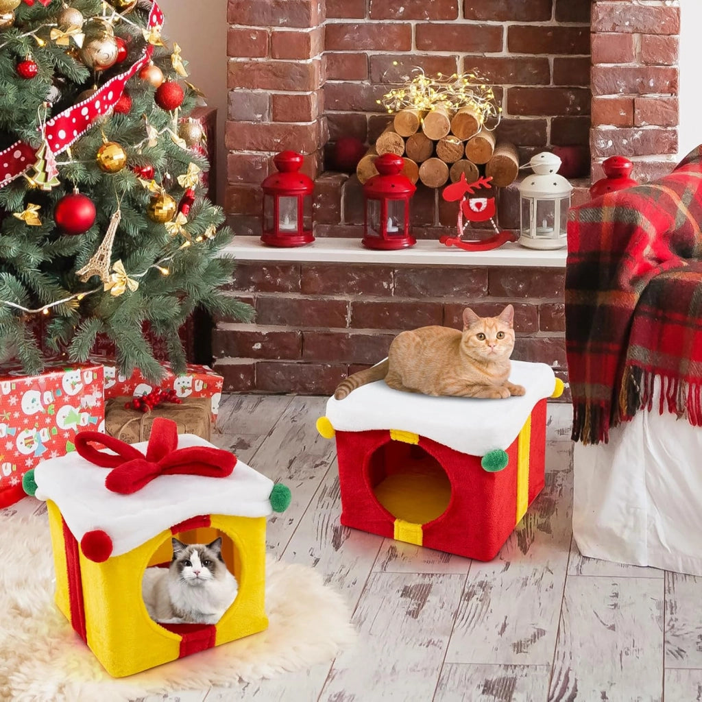 Set 2 Cuccia Cane Interno a 2 Piani, Tiragraffi per Gatto a Forma di Scatola di Natale in Tessuto e MDF, Lettino Gatto Interno per Inverno, Rosso e Giallo