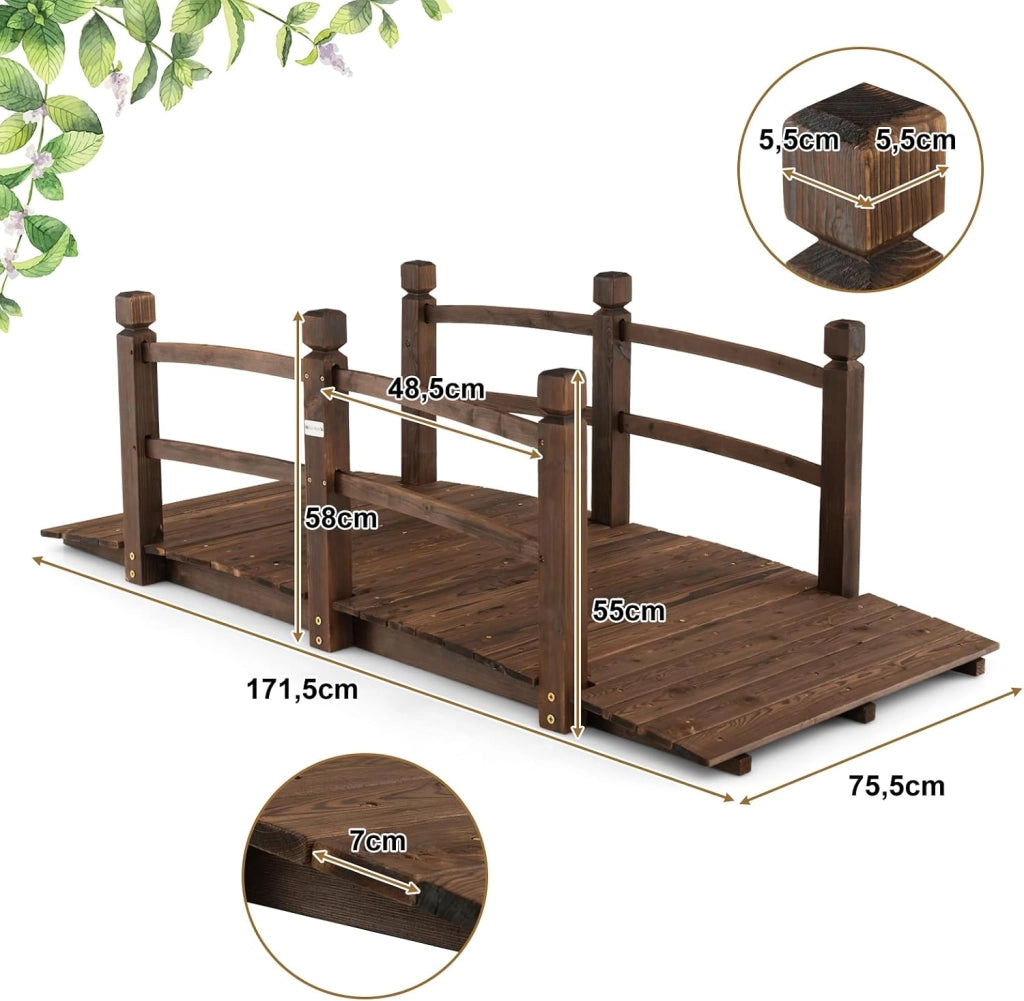 Ponte da Giardino in Legno di Abete Carbonizzato con Ringhiere, Ponticello Grande Calpestabile per Giardino e Stagno Portata 150 kg, 172 × 76 × 58 cm, Marrone
