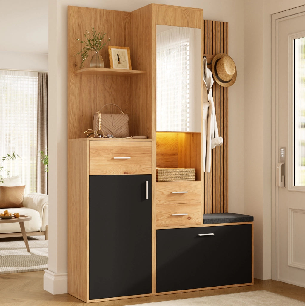 Garderoba da ingresso 120x32x178 cm con specchio; panca e illuminazione LED in MDF; nero e naturale