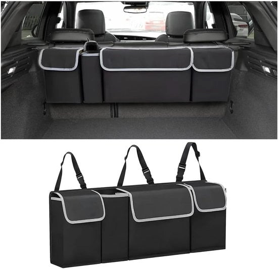 Organizzatore per sedile auto - Tas per organizzare l'auto - 4 contenitori di stoccaggio - Accessori di stoccaggio per l'abitacolo - Dimensioni 90*8*25cm - Nero