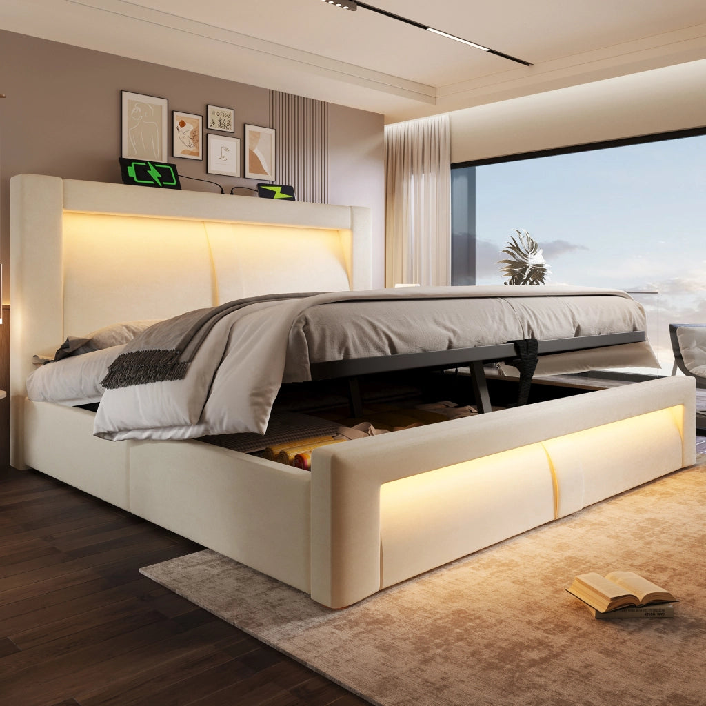 Letto matrimoniale 140x200 cm con contenitore; LED e porte USB/Type-C; in velluto beige