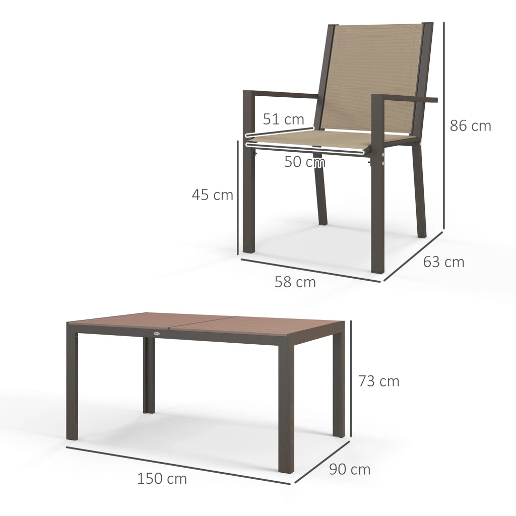Set da Giardino 7 Pezzi in Plastica con 6 Sedie Impilabili e Tavolo Rettangolare, Kaki e Marrone