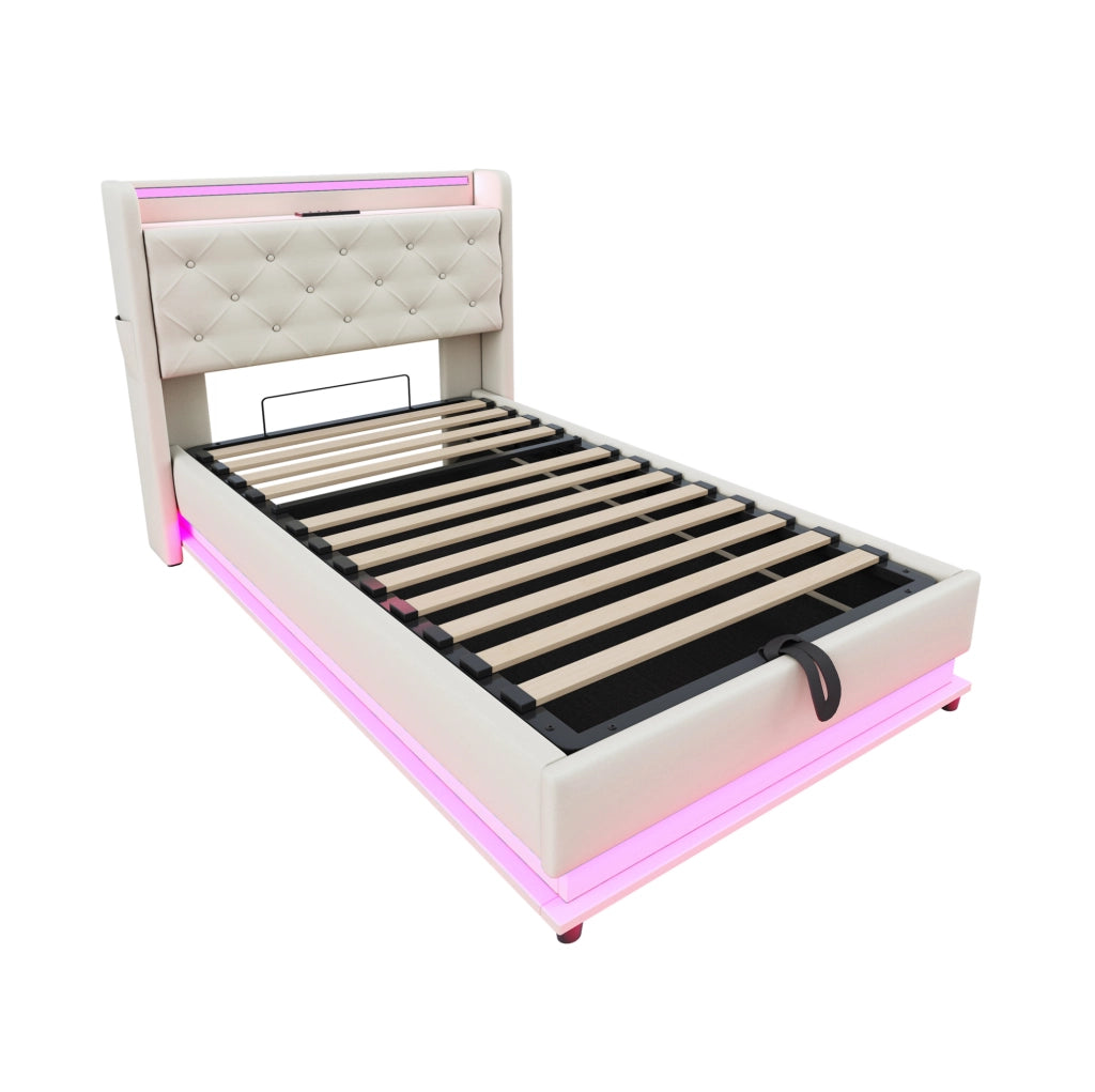 Letto imbottito 90x200 cm; testiera apribile e luci LED; lino beige