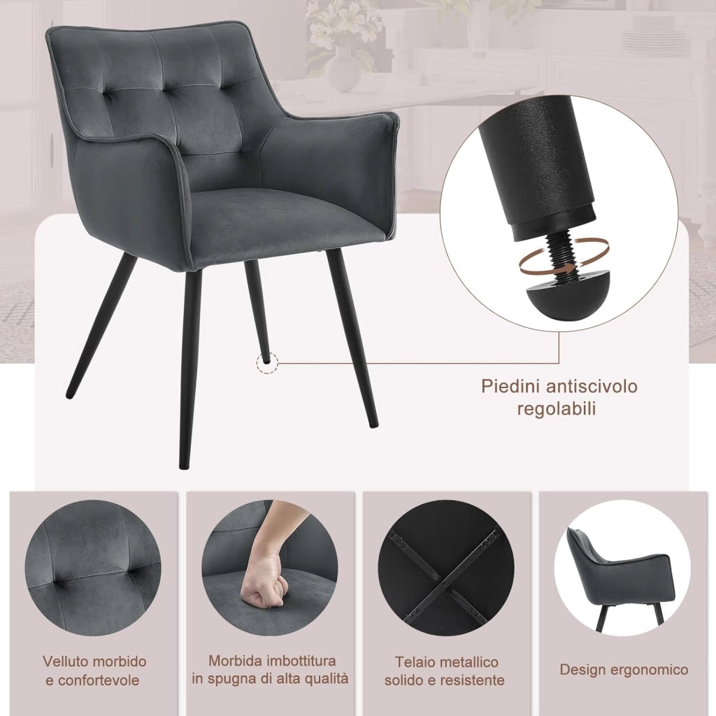 Set di 2 Sedie da Pranzo Moderne, Sedie da Cucina con Schienale e Braccioli, Poltroncine Imbottite con Gambe in Metallo, per Salotto, Ufficio e Cameretta, in Velluto, Crema, BH374cm-2