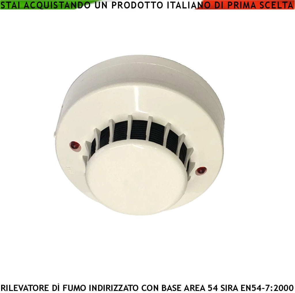 Rilevatore Ottico di Fumo Indirizzato AREA54 Con Base Codice Impostabile Tramite 10 Dipswitch Collegamento Loop 2 Led Segnalano Stato Impianto Uscita Uscita OC 100 mA per Segnalatore Ottico Remoto Sensore Fumo per Centrali SIRA