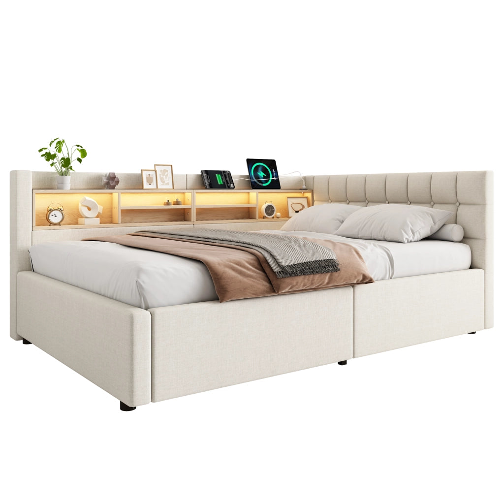 Letto matrimoniale contenitore 140x200 cm con sollevamento idraulico; LED; testiera con ripiano e USB; beige