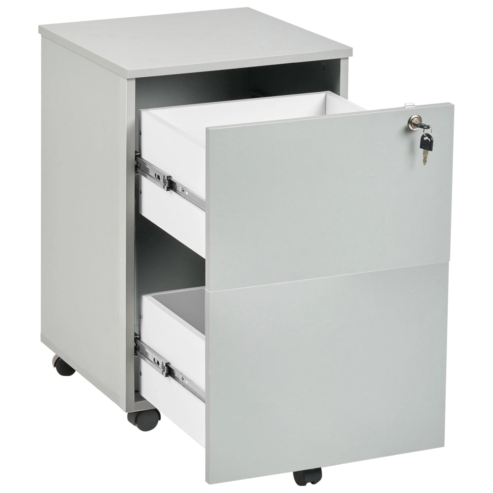 Armadietto in legno massiccio con 2 cassetti e ruote con serratura a chiave grigio chiaro design moderno