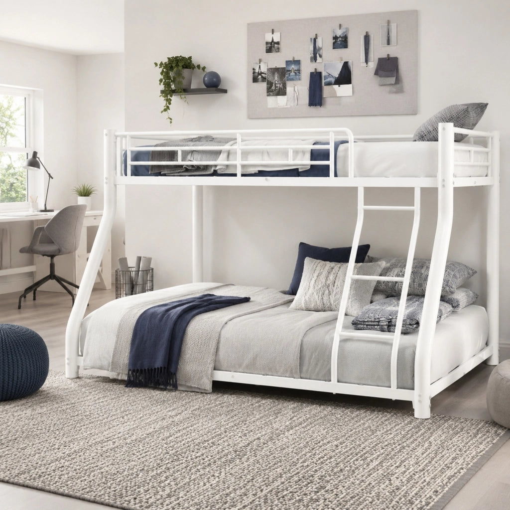Letto a castello in ferro bianco 90x190 e 140x190 cm con scala e sponde