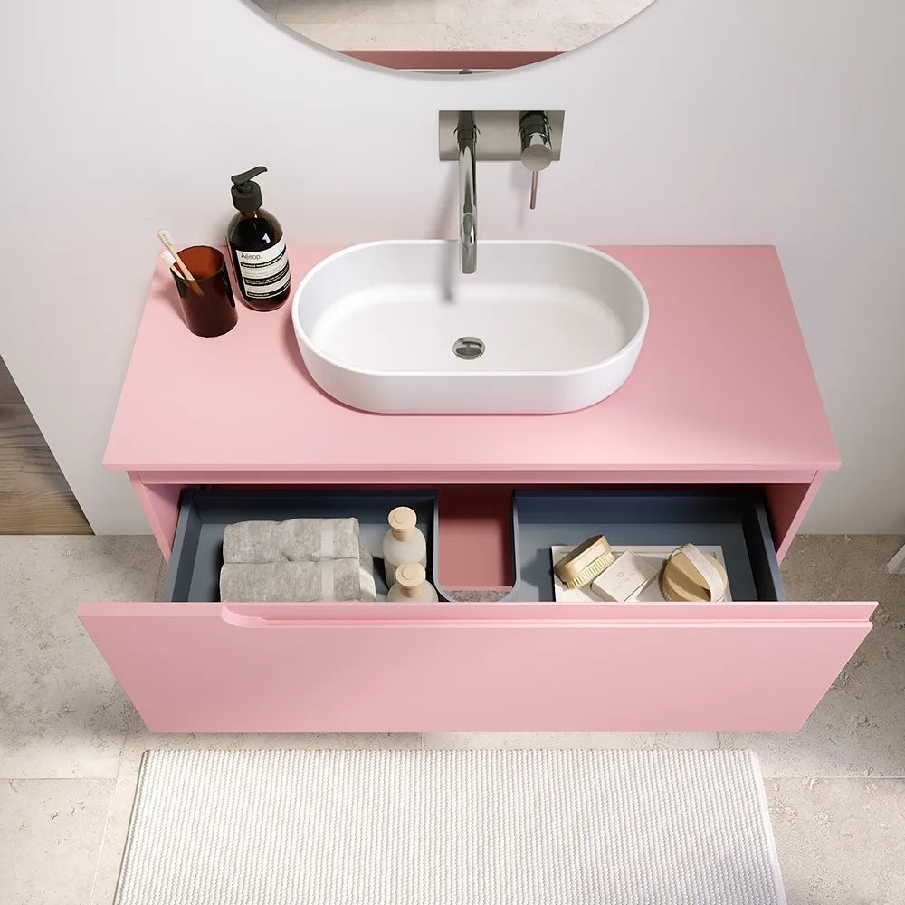 Mobile bagno sospeso 120 cm un cassetto rosa cipria opaco con top | Ardenne