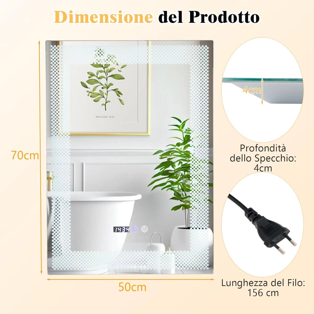 Specchio LED a Parete 70x50cm, Specchio da Bagno HD Antappannamento con 3 Luci Colori, Funzione Memoria Lettura di Tempo e Temperatura, Specchio rettangolare Intelligente IP44