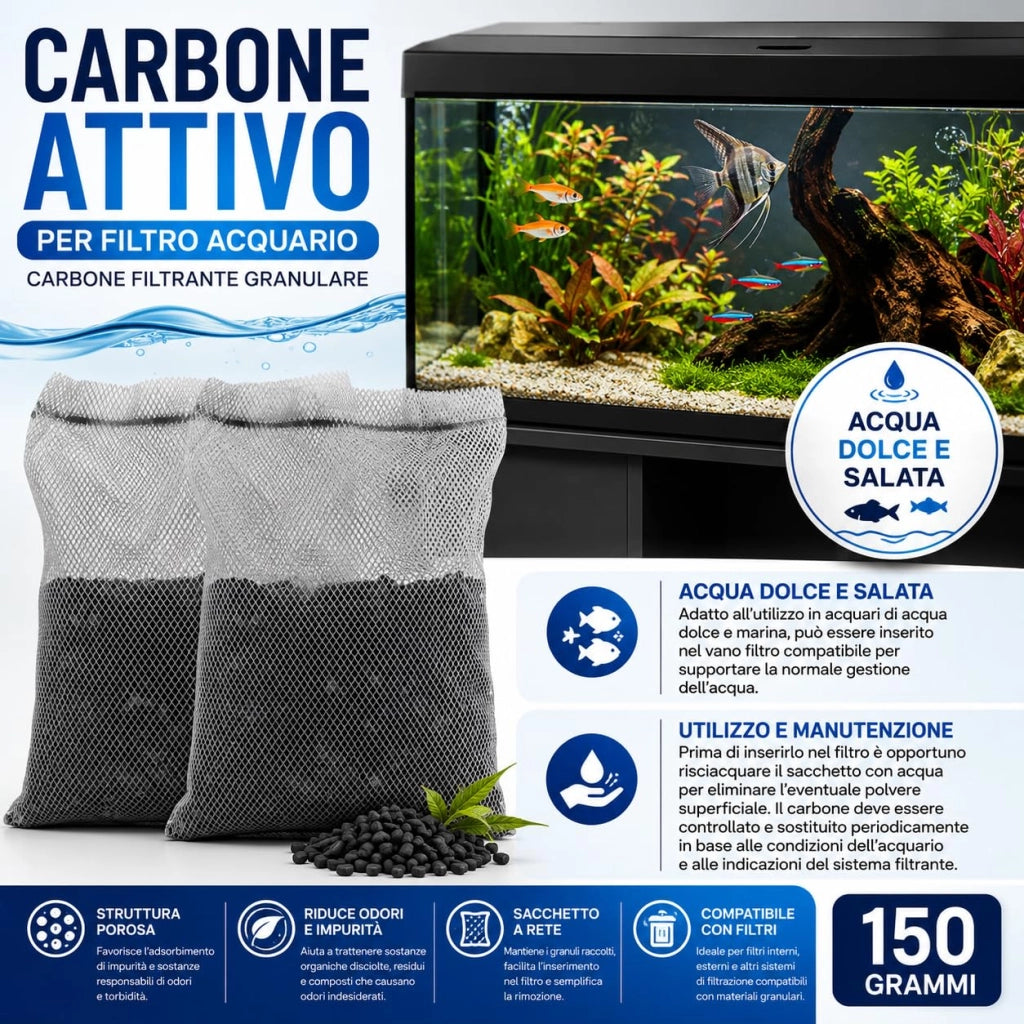 Carbone Attivo per Acquario Acqua Dolce e Salata Filtro 150g/300g/500g 150 g