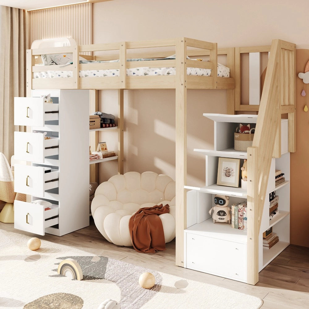 Letto a Soppalco con Cassetti e Scaffale ¨C MINIMAL ¨C Massello 90x200
