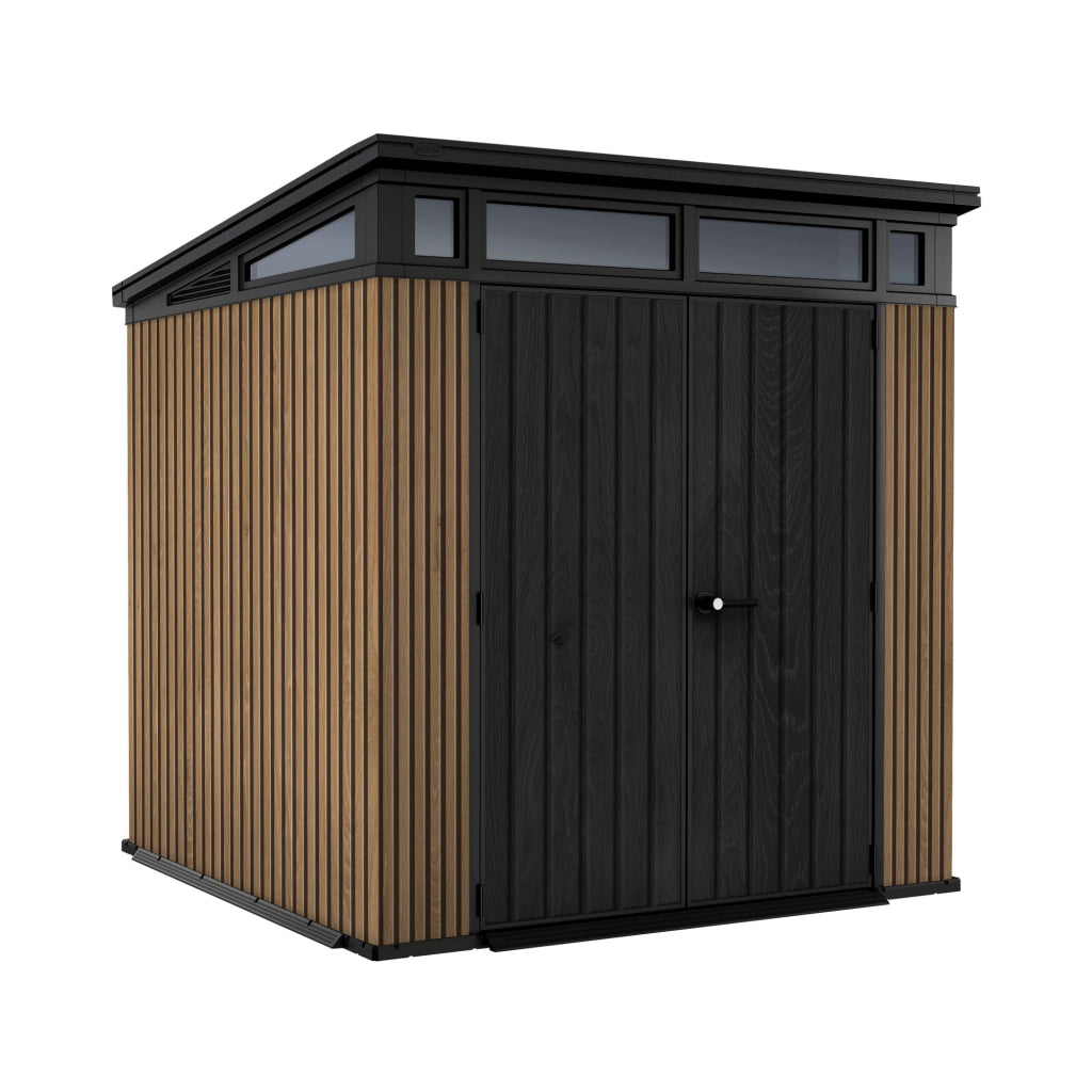 Pent 7x7 - Casetta da Giardino 216x226x218 cm 2 Ante per deposito attrezzi finitura effetto legno Evotech+ in Resina Marrone e Nero