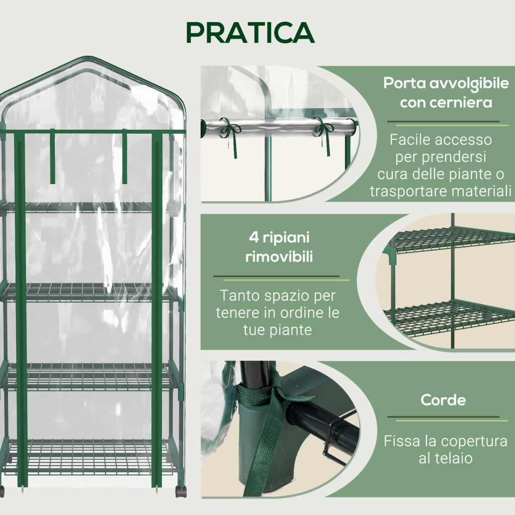 Serra per Piante Verticale con Scaffale a 4 Ripiani ¨C zephmum ¨C Verde, Acciaio, PVC, 69x50x165cm