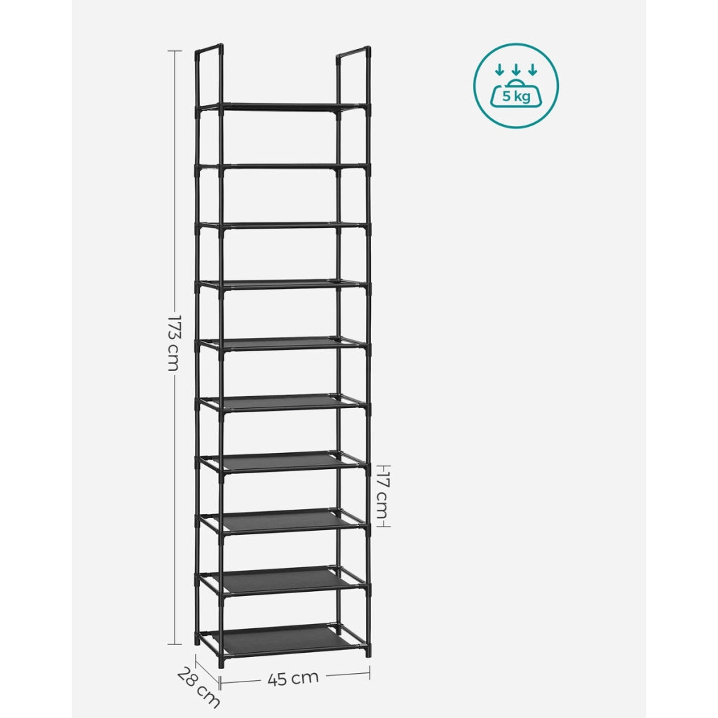 Scarpiera verticale industriale a 10 ripiani in metallo nero