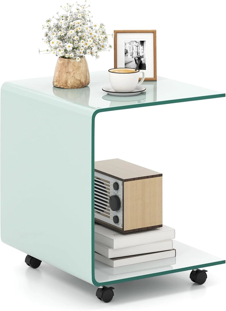 Tavolo Moderno in Vetro Temperato con 2 Ripiani, Tavolino Laterale a C per Divano con 4 Ruote Blocccabili, Tavolo Versatile per Soggiorno, Camera da Letto e Bagno (Bianco)