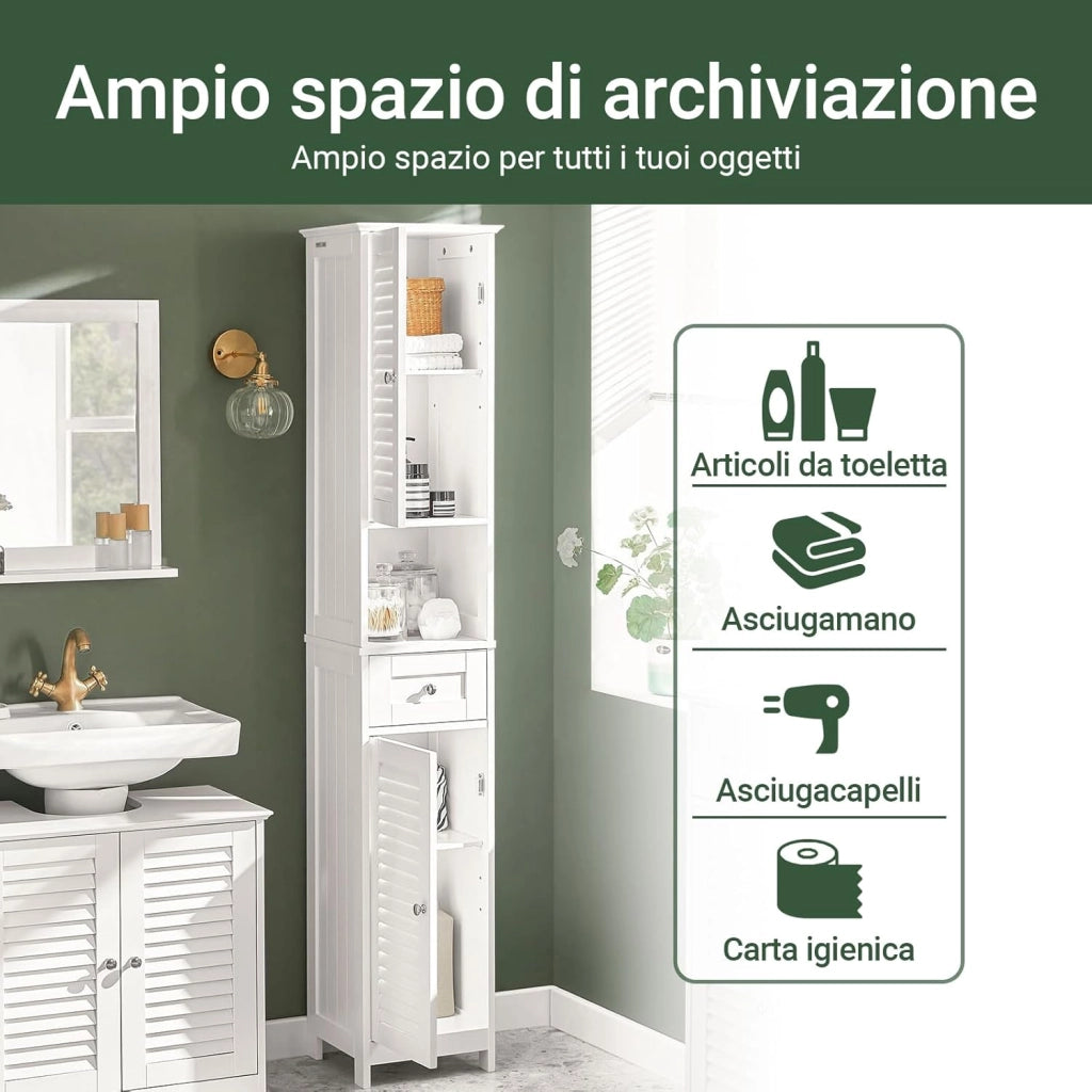 Mobile Colonna Bagno Salvaspazio Bianco Armadio Alto con 2 Ante, 1 Cassetto e Ripiano Aperto Mobiletto Bagno per Lavanderia, WC o Cucina Bianco 32x170x30cm FRG236-W
