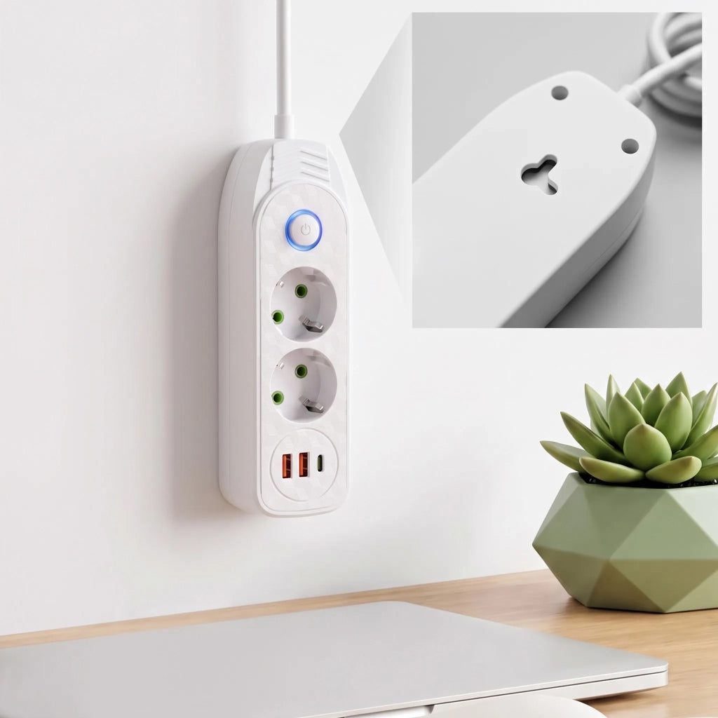 Multipresa Con Prolunga, 2 Prese + 2 Porte Usb-a + Usb-c Jnh024-3b White