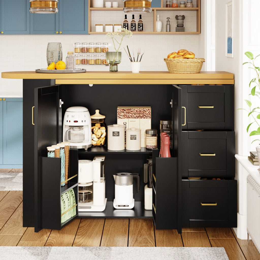 Carrello Bar Allungabile con 2 Ante e 3 Cassetti ¨C MINIMAL ¨C Bianco/Nero, Piano in Legno, 135-228x39x104 cm