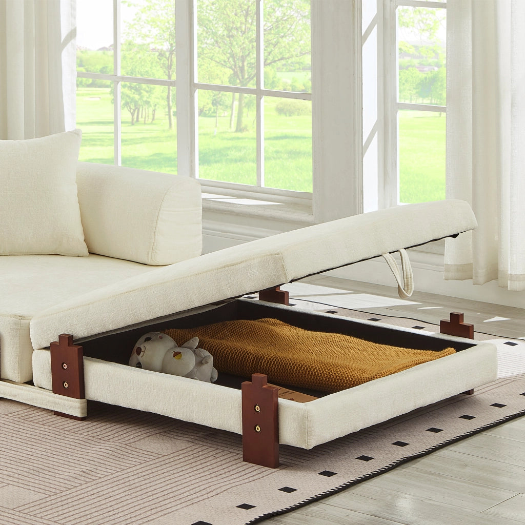 Divano letto pieghevole 2 in 1 con funzione letto e porte USB e Type-C con tasche portaoggetti in tessuto beige