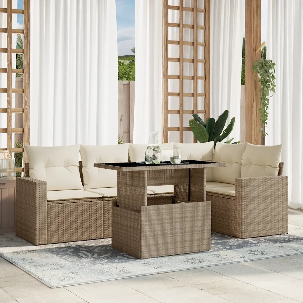 Set Divano da Giardino 6 pz con Cuscini Beige in Polyrattan