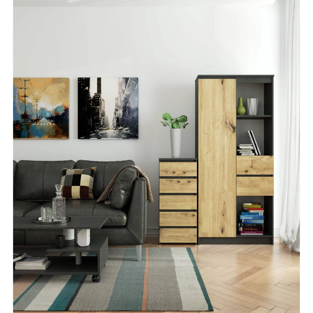 Cassettiera AKORD CL5 Cassettiera Grigia Grafite 40 cm 5 cassetti inserto frontale Quercia Artisan 40x35x92 cm
