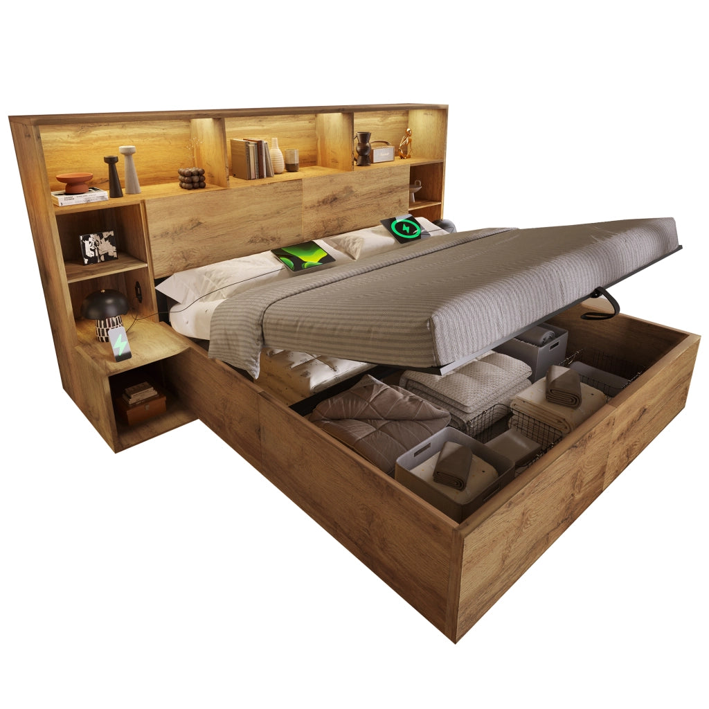 OKWISH Letto Contenitore 160×200 cm, Letto Matrimoniale con LED Regolabile, USB e Tipo C, Mensole e Comodini Integrati, con Materasso, Rovere