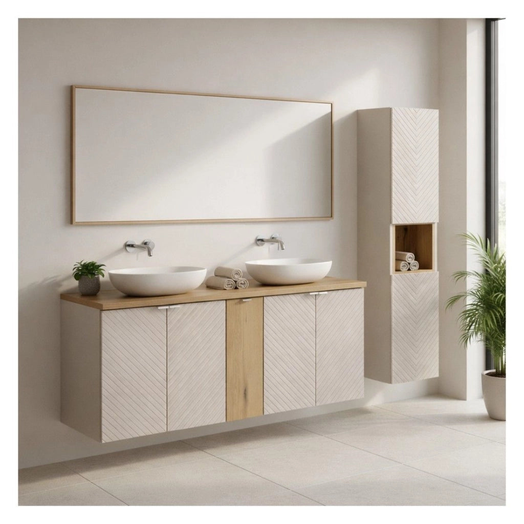 Insieme AOKI: mobile sottolavabo con armadietti + piano lavabo in quercia + colonna