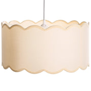 Lampada a sospensione con base in metallo e paralume in tessuto a tamburo stile moderno bianco e beige