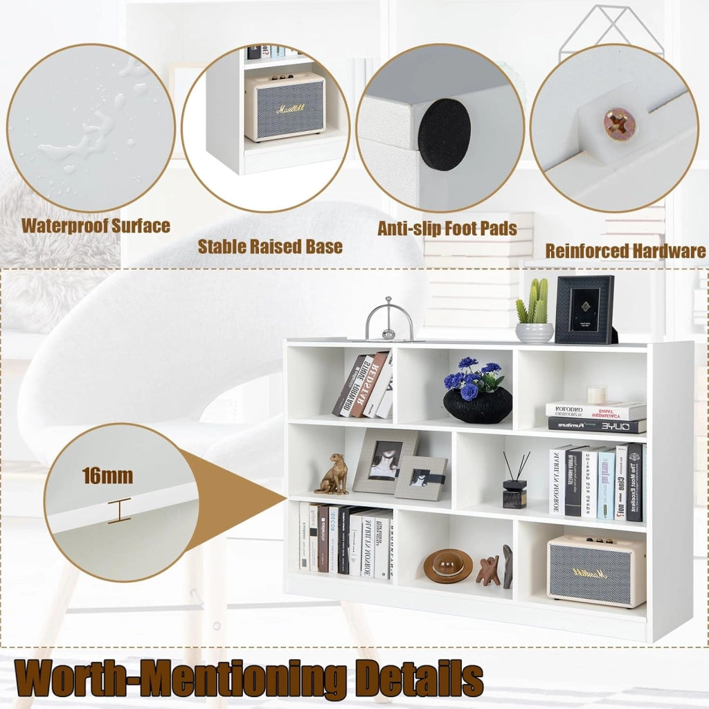 Libreria Aperta, 7 armadietti di 2 diverse dimensioni, mobile portaoggetti in legno con gambe antiscivolo, per libri e giocattoli, (bianco, 122 x 32 x 93 cm) (LK09392FQES-KF)