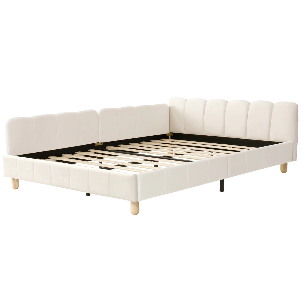 Letto imbottito per bambini con testiera ergonomica e tasche laterali in velluto beige