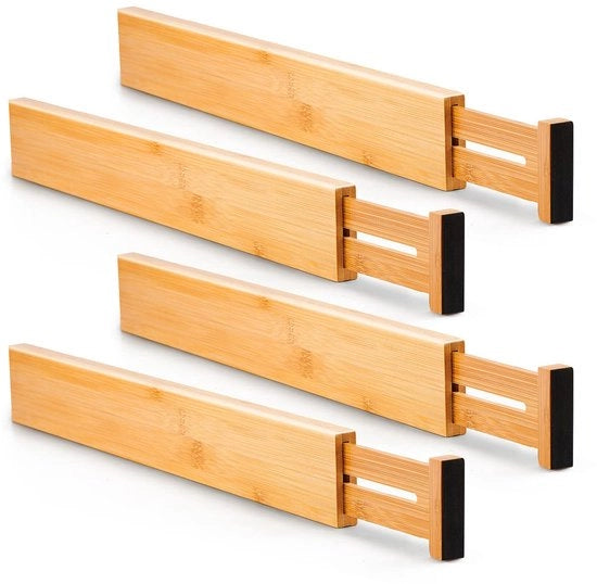 Divisore per cassetti in bambù a 4 riquadri, adatto per cassetti da 38,1-45 cm, organizzatore per cassetti regolabile, bilanciato a molla, per camera da letto, cucina e armadio a cassetti