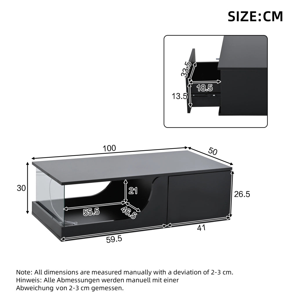 Tavolino da caffè con 2 cassetti e LED; per soggiorno; in MDF e vetro; 100 x 50 x 30 cm; nero