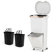 Pattumiera da cucina a 3 scomparti, 38 l, pattumiera con ruote, pattumiera a pedale con coperchio, pedale e manico, a doppio piano, in plastica, sistema di raccolta differenziata della