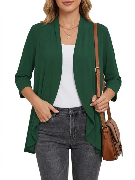 Cardigan con Dettagli a Rucheggio - Disegno Elegante - Cappuccio V - 3/4 Maniche - Modello con Dettagli Luminosi