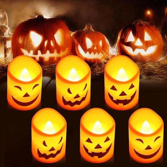 Decorazioni LED per feste di Halloween - lanterne decorative senza fiamma - candele elettriche - lumi per giardino horror - stompkaarsen gialle