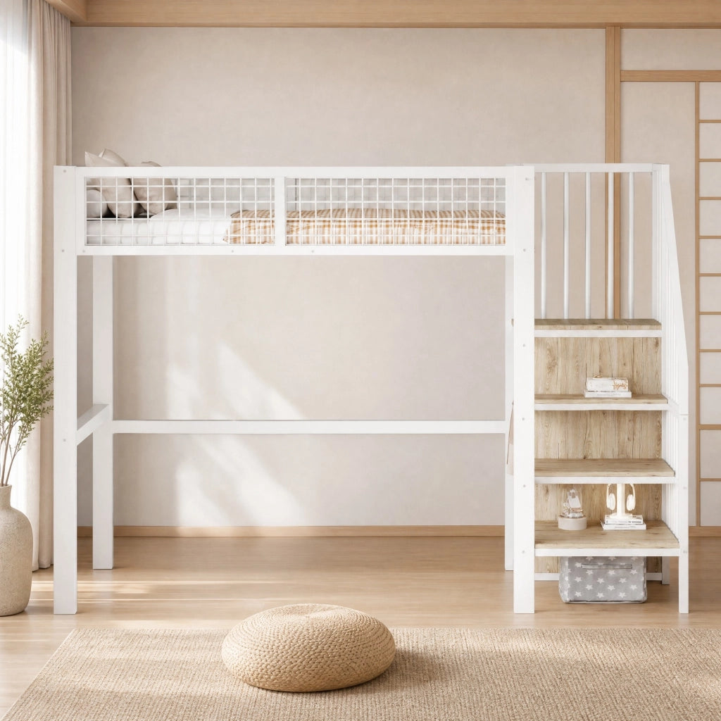 Letto a soppalco 90x200 cm in metallo con scala di sicurezza e armadio integrato, Bianco
