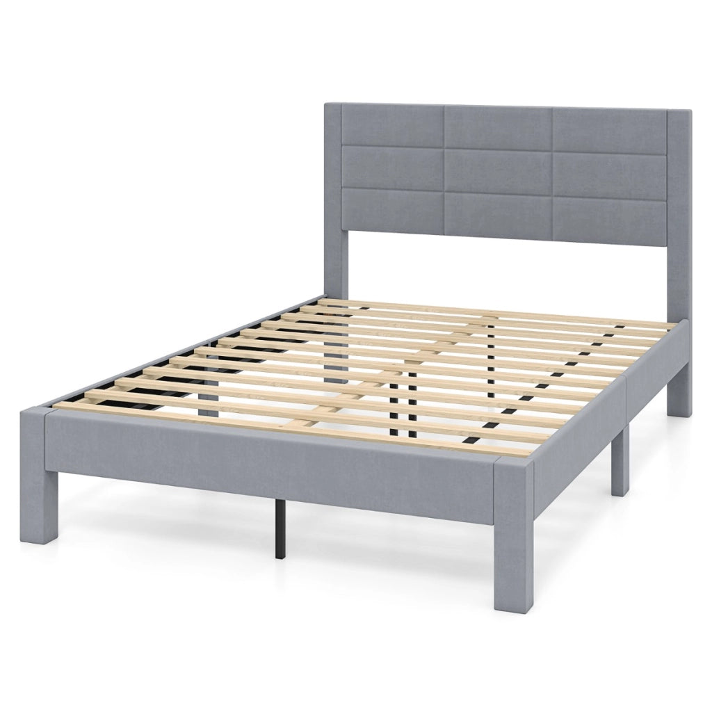 Struttura letto matrimoniale 200 x 140 CM con testiera in morbido tessuto di velluto e supporto a doghe di legno-Letto piattaforma imbottito Grigio