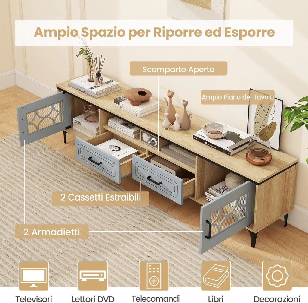 Mobile TV in Legno per Televisori Fino a 80", Mobile Porta TV 180 cm con 2 Cassetti, 2 Armadi e Scomparto, 7 Gambe Metalliche Rialzate, Consolle Media per Soggiorno (Blu)