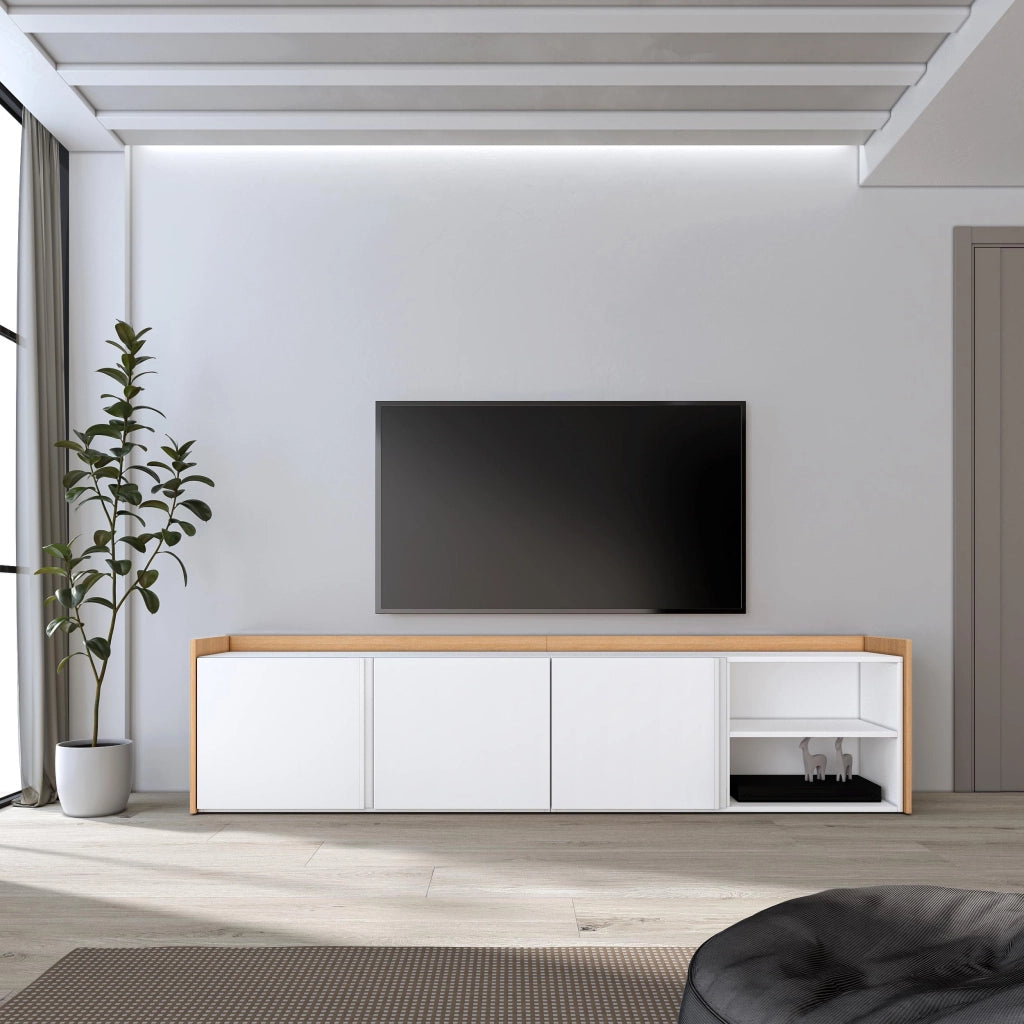 Mobile TV Soggiorno, 207x50x35 cm, Per TV fino a 80", Mobile Soggiorno, Bianco e Rovere soft