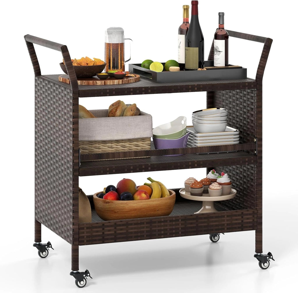 Carrello da Bar da Esterno, Mensola di Stoccaggio in Vimini con 3 Livelli Ruote e Maniglie Laterali, Tavolino da Servizio per Giardino Bordo Piscina Veranda, 86 x 50 x 89 cm