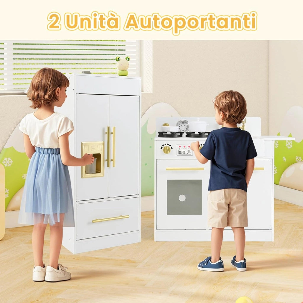 Cucina Giocattolo per Bambini, Cucina per Bambini in Legno con Frigorifero, Fornello, Lavandino, Macchina per il Ghiaccio, Orologio, Lavastoviglie e Accessori, per 3+ Anni